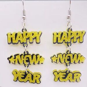 Gold Glitter Happy New Year Earrings